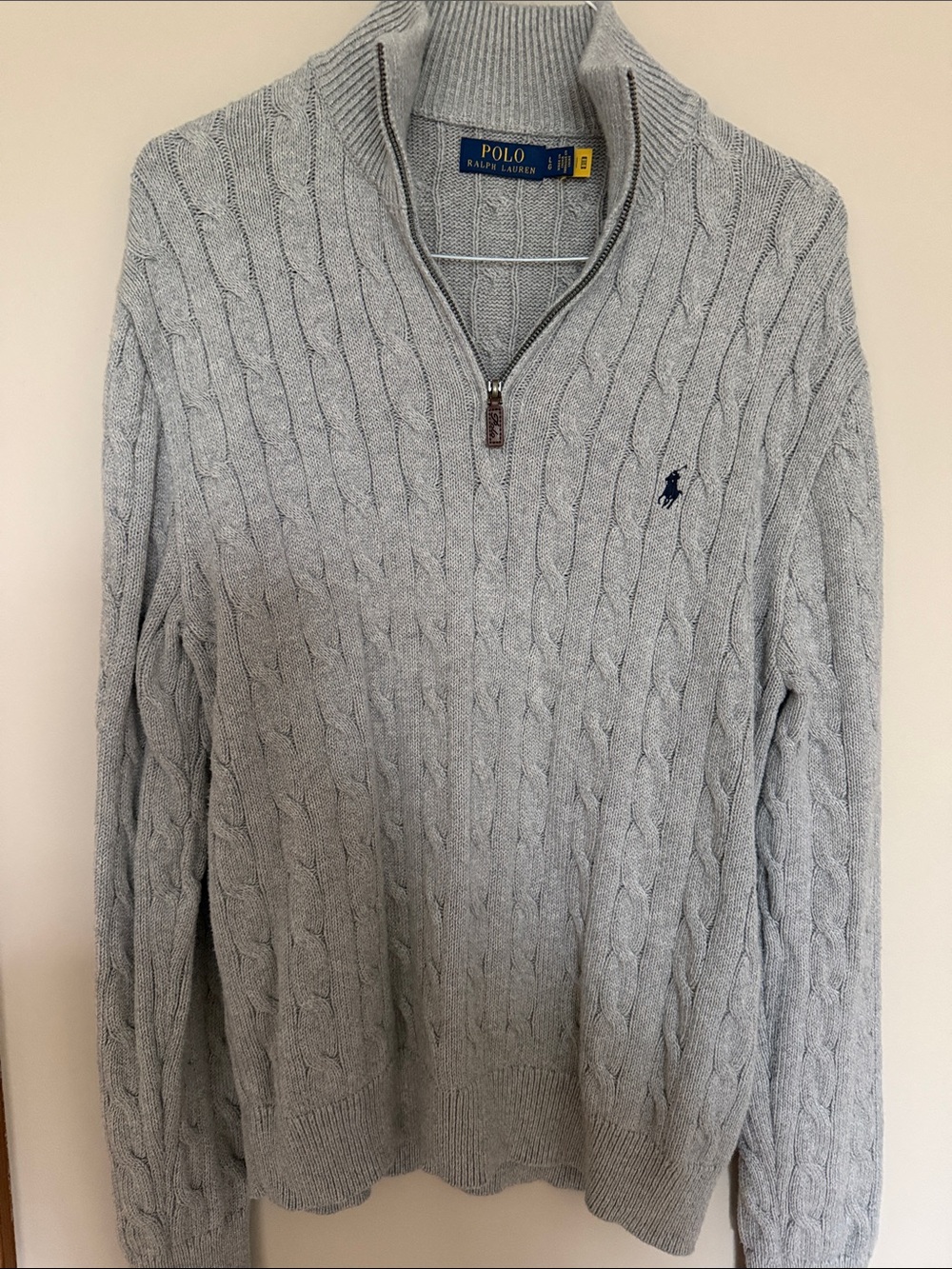 Polo by Ralph Lauren Men’s Light Gray Cable-Knit Quarter-Zip Sweater